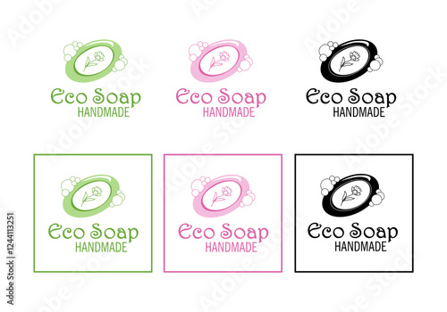Eco handmade soap logos in green, pink and black colors - soap with flower and bubbles - vector illustration for packaging design and website and social media design