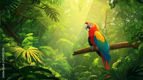 Wallpaper Mural Colorful macaw parrot in the jungle. macaw parrot with colorful plumage and a long tail sitting on the tree branch. colorful parrot in the rain forest, wildlife and nature concept Torontodigital.ca