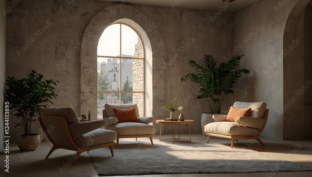 Fototapeta premium Sun-drenched living room with three chairs, coffee table, greenery, and textured walls