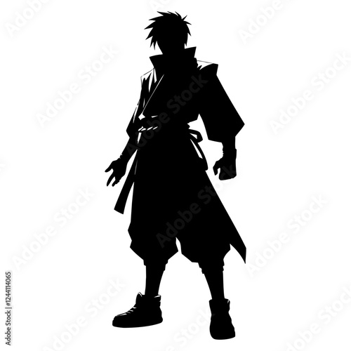 Black silhouette of a manga and anime inspired ninja character with traditional clothes