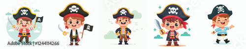 happy kids vector set in pirate clothes
