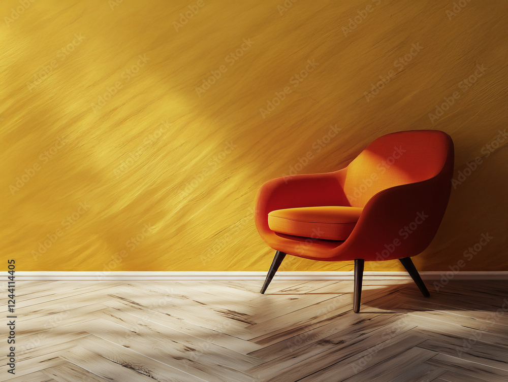 custom made wallpaper toronto digitalMid-century modern velvet armchair against yellow texture wall and wood herringbone flooring, copy space