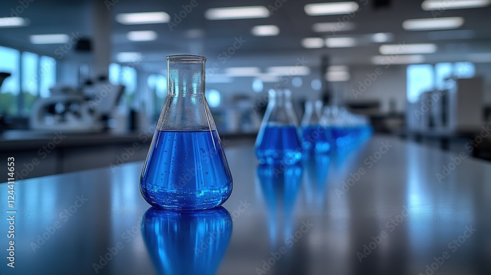 Row of blue liquid-filled beakers in modern laboratory setting Row of blue liquid-filled beakers in modern laboratory setting