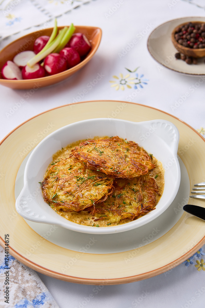 Mouthwatering Potato Draniki with Rustic Lighting and Vibrant Colors in Modern Culinary Photography Mouthwatering Potato Draniki with Rustic Lighting and Vibrant Colors in Modern Culinary Photography