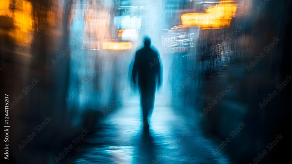 Shadowy Figure Walks Down Dim Alley with Flickering Lights and Ambient Bokeh Shadowy Figure Walks Down Dim Alley with Flickering Lights and Ambient Bokeh