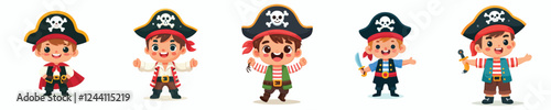 happy kids vector set in pirate clothes