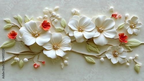Elegant 3D Embossed White Flowers and Branches Design