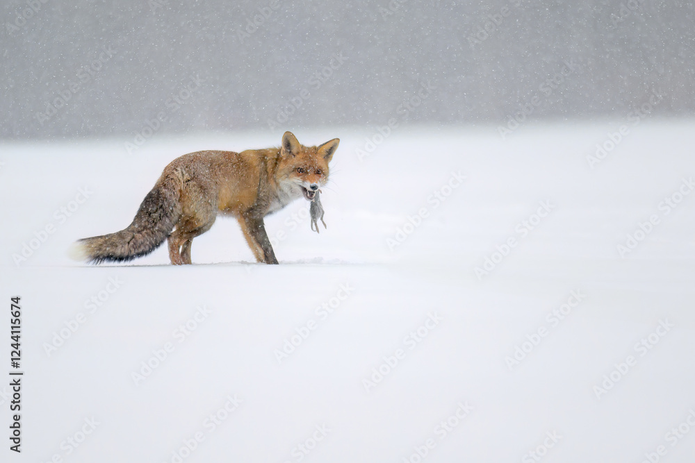 Fototapeta premium A fox hunting on a snowy meadow.