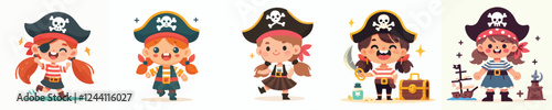 happy kids vector set in pirate clothes