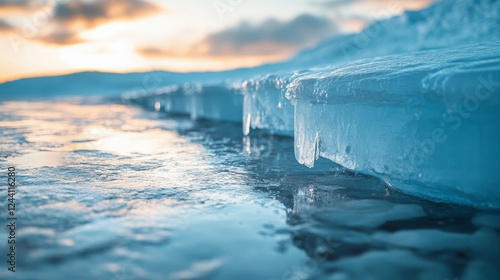 A close-up image of an ice cap melting, with cracks visible in the ice and water pooling beneath, highlighting the slow process of glacial retreat. photo