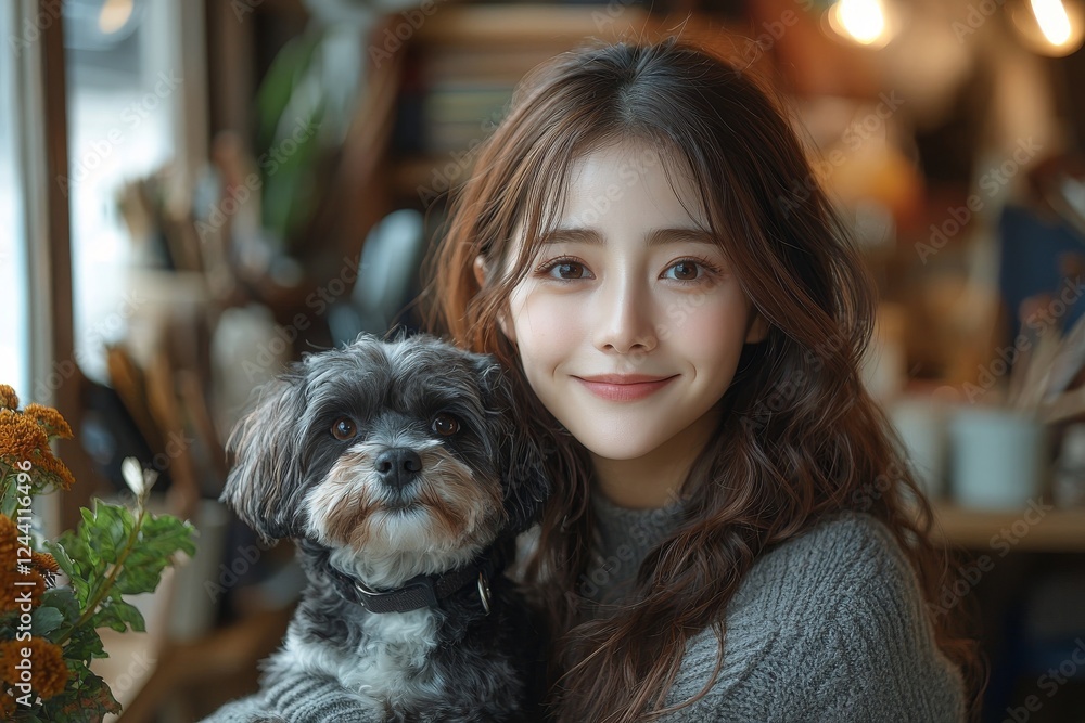 A happy businesswoman cuddling her dog as she works in a pet-friendly office A happy businesswoman cuddling her dog as she works in a pet-friendly office
