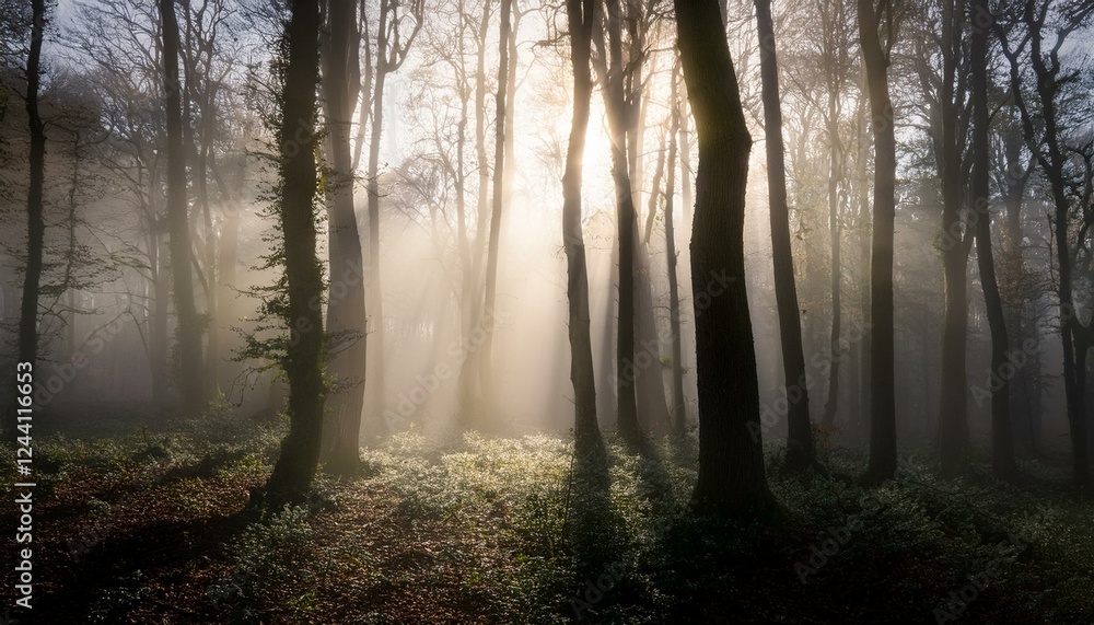 Obraz premium 안개 자욱한 숲속에서 빛을 향해 뻗어나가는 나뭇가지들의 실루엣