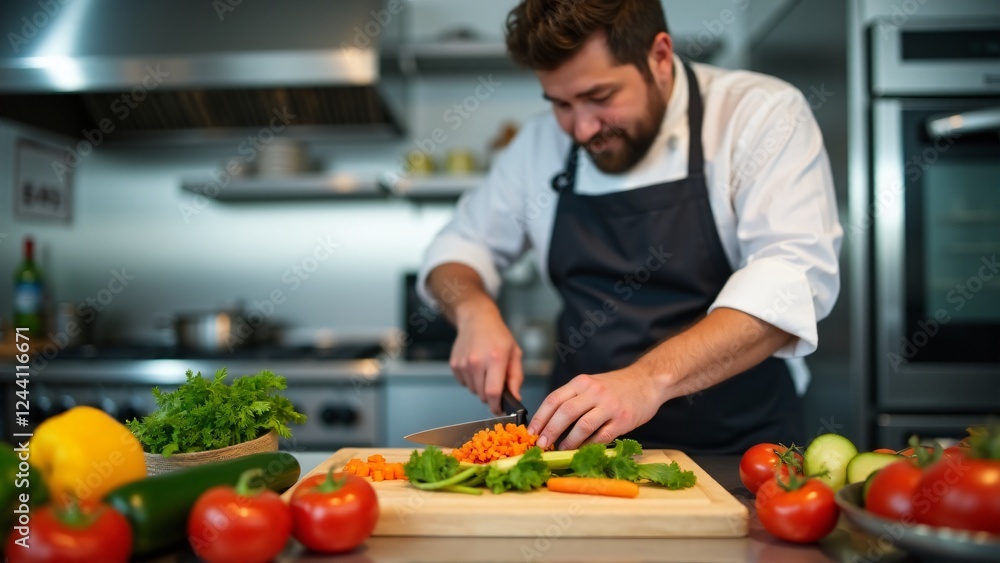 A chef skillfully chops fresh vegetables in a modern kitchen, showcasing the art of healthy cooking and the use of vibrant, whole ingredients to create nutritious dishes. A chef skillfully chops fresh vegetables in a modern kitchen, showcasing the art of healthy cooking and the use of vibrant, whole ingredients to create nutritious dishes.