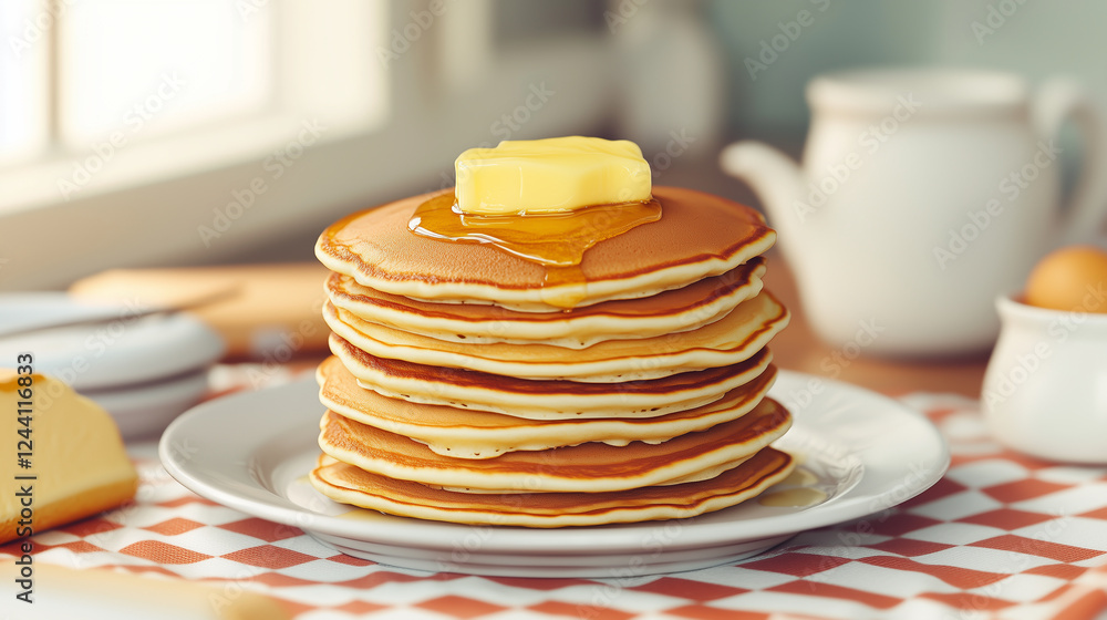 Retro style ad featuring a stack of pancakes on a classic checkered tablecloth, with butter and syrup on top, captured in warm vintage tones Retro style ad featuring a stack of pancakes on a classic checkered tablecloth, with butter and syrup on top, captured in warm vintage tones