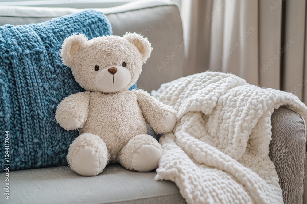 Soft plush bear sitting next to a cozy baby blanket on a light gray couch in a well lit room. Generative AI Soft plush bear sitting next to a cozy baby blanket on a light gray couch in a well lit room. Generative AI