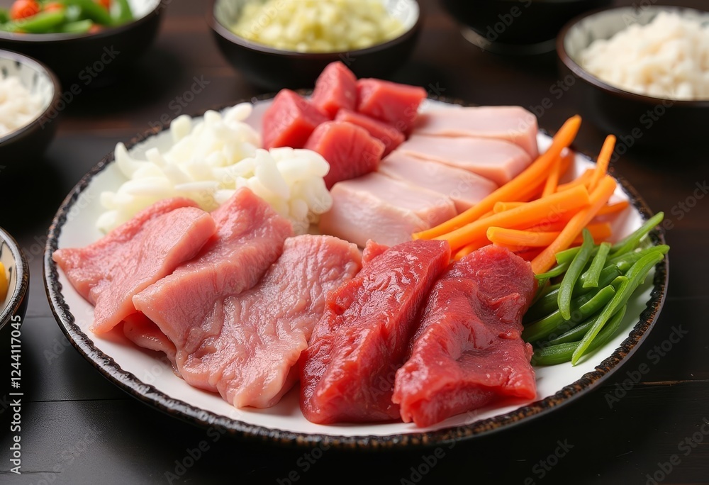 Arrangement of fresh meats and colorful vegetables on a decorative plate Arrangement of fresh meats and colorful vegetables on a decorative plate
