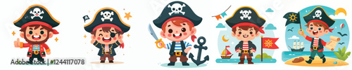 happy kids vector set in pirate clothes
