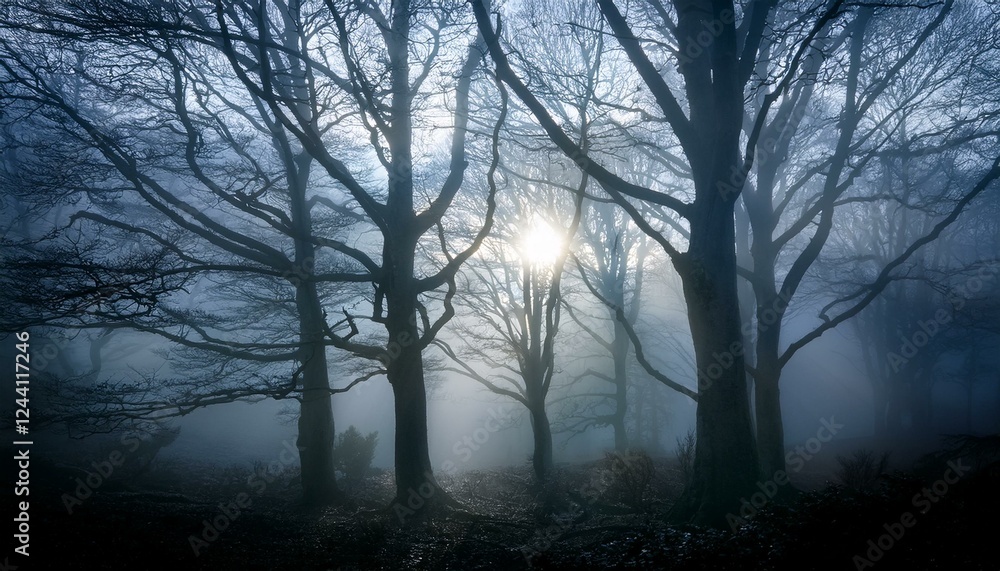 안개 자욱한 숲속에서 빛을 향해 뻗어나가는 나뭇가지들의 실루엣