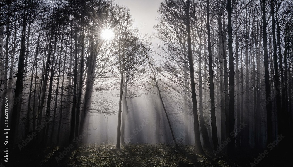 Naklejka premium 안개 자욱한 숲속에서 빛을 향해 뻗어나가는 나뭇가지들의 실루엣