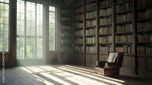 Sunlit library; armchair, bookshelves; morning calm; reading