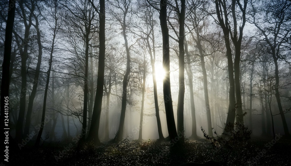 Obraz premium 안개 자욱한 숲속에서 빛을 향해 뻗어나가는 나뭇가지들의 실루엣