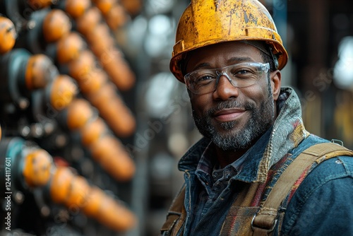 A portrait of an African American Black worker with an afro in a factory setting in Cameroon, showing a Black man employee working in a production plant, manufacturing factory industry, operating a