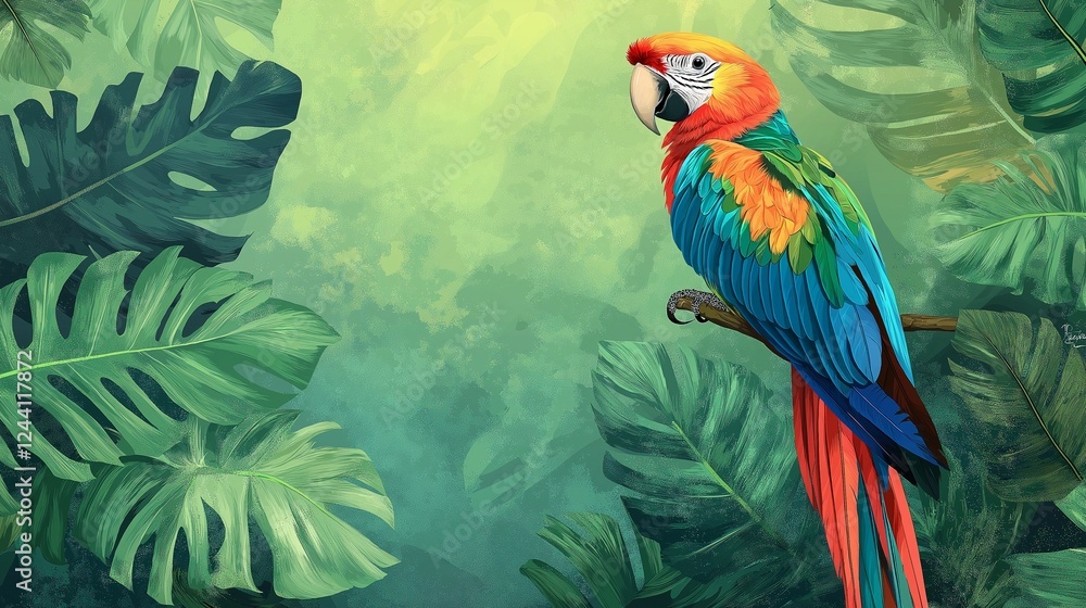 Fototapeta premium Colorful macaw parrot in the jungle. macaw parrot with colorful plumage and a long tail sitting on the tree branch. colorful parrot in the rain forest, wildlife and nature concept