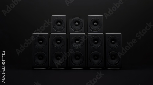 Realistic arrangement of black speakers in a harmonious display, perfect for any modern audio setting photo