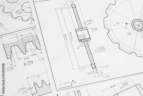 paper engineering drawings of industrial parts and mechanisms