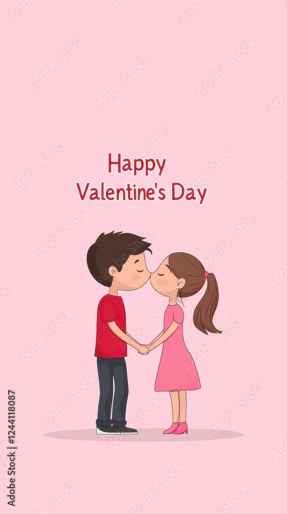 Cute cartoon couple celebrating love with a kiss while holding hands on Valentine's Day in a joyful setting Cute cartoon couple celebrating love with a kiss while holding hands on Valentine's Day in a joyful setting