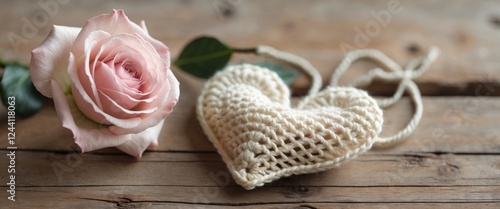 A delicate pink rose and a crocheted heart rest on rustic wooden planks.