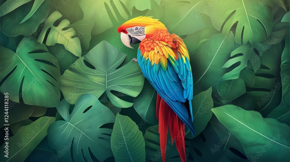 Obraz premium Colorful macaw parrot in the jungle. macaw parrot with colorful plumage and a long tail sitting on the tree branch. colorful parrot in the rain forest, wildlife and nature concept