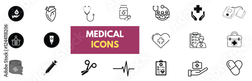 Medical icon. Set of hospital, healthcare, medical instruments, ambulance, medicine-themed icons. Solid vector icons.