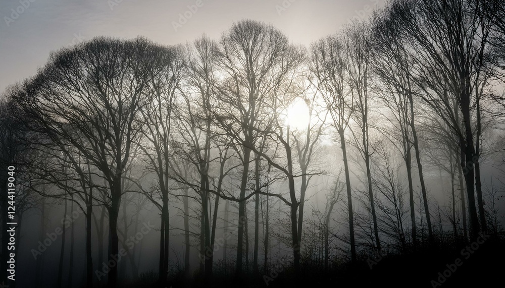 Fototapeta premium 안개 자욱한 숲속에서 빛을 향해 뻗어나가는 나뭇가지들의 실루엣