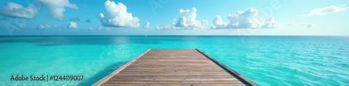 Rustic wooden dock extending into calm turquoise sea against vibrant sky , calm, texture