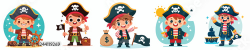 happy kids vector set in pirate clothes