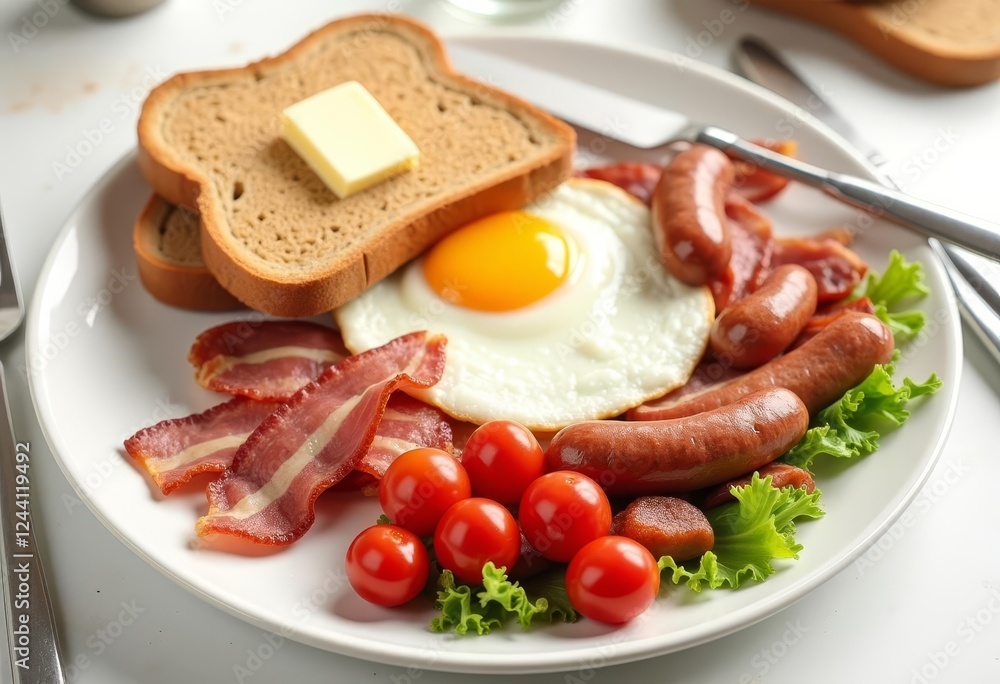 Hearty Breakfast Platter Featuring Eggs, Bacon, Sausage, and Toast with Butter