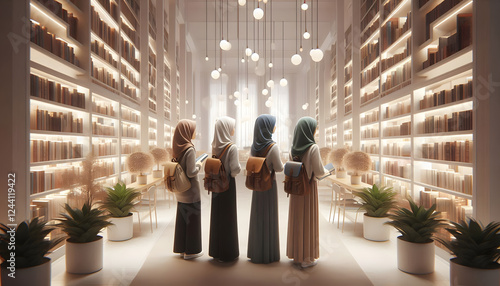 hijabi girls searching for books in library 
