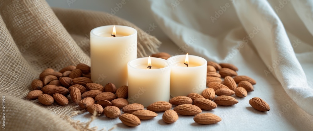 Three lit cream candles on burlap with almonds and nuts create a rustic still life scene Three lit cream candles on burlap with almonds and nuts create a rustic still life scene