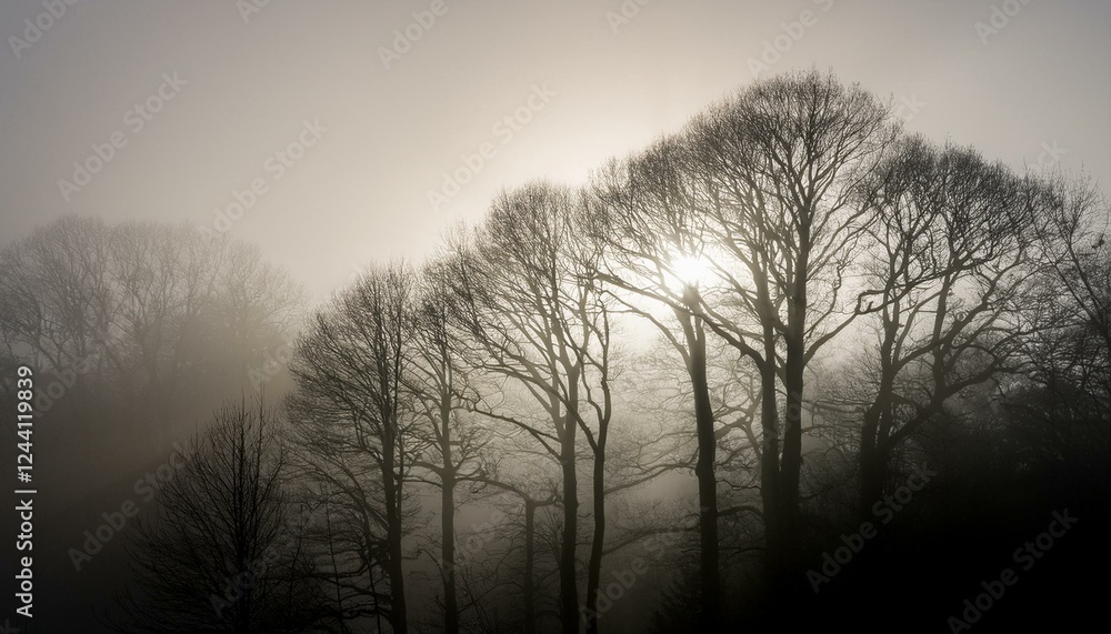 Fototapeta premium 안개 자욱한 숲속에서 빛을 향해 뻗어나가는 나뭇가지들의 실루엣