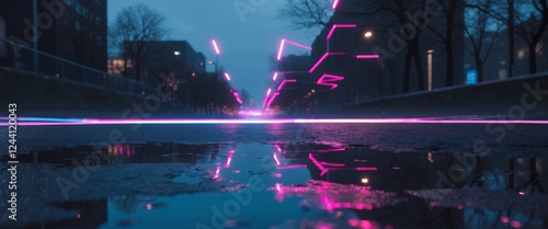 Neon Lights Reflected in Puddle at Night. photo