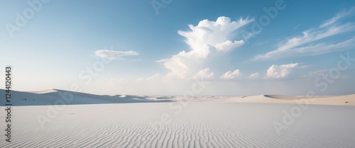 Expansive desert landscape with rolling sand dunes under a clear blue sky and soft clouds. photo