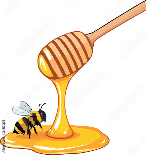 Vsai honey dripping from dipper with bee landing