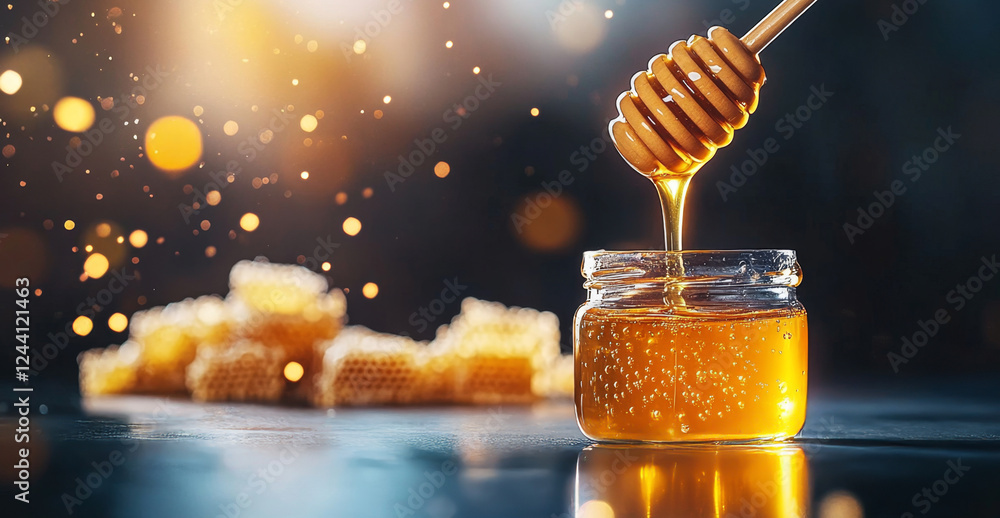 Golden honey is being dripped from a wooden dipper into a transparent jar. Honeycomb pieces are softly blurred in the background, creating a warm, inviting atmosphere showcasing natural sweetness. Golden honey is being dripped from a wooden dipper into a transparent jar. Honeycomb pieces are softly blurred in the background, creating a warm, inviting atmosphere showcasing natural sweetness.