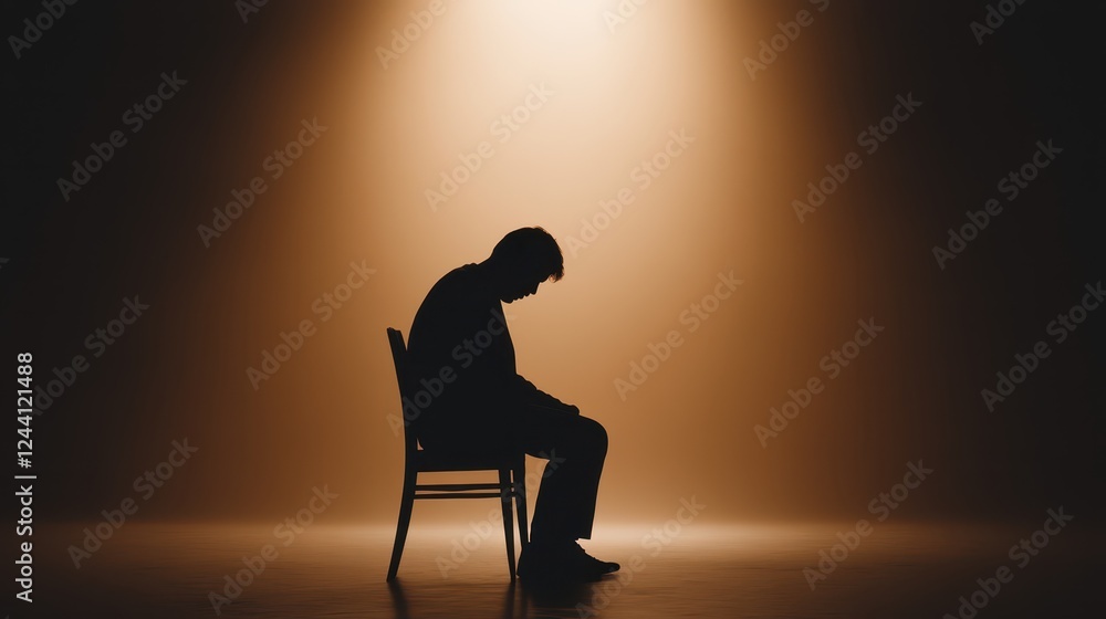 Obraz premium Abstract representation of solitude and contemplation captured through a figure seated alone in warm light highlighting feelings of introspection