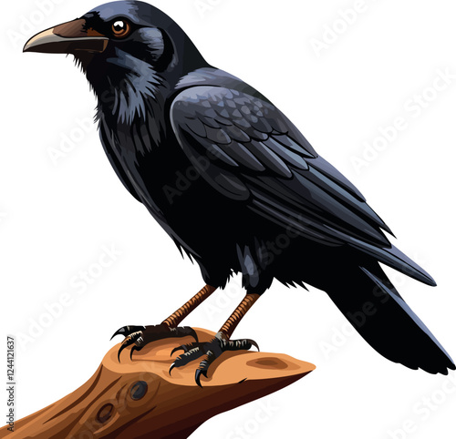 Vsai majestic black crow perched on wooden branch