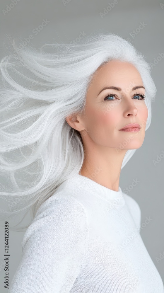 Scandinavian woman with glowing skin and flowing hair exudes beauty in serene environment Scandinavian woman with glowing skin and flowing hair exudes beauty in serene environment