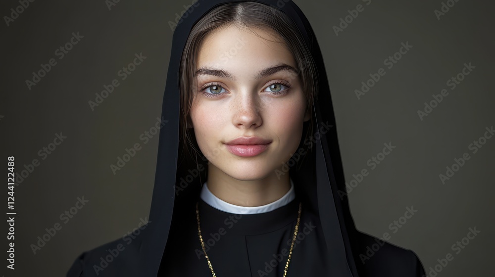 Candid moment of a young nun exuding grace and serenity in a peaceful indoor setting during soft lighting hours Candid moment of a young nun exuding grace and serenity in a peaceful indoor setting during soft lighting hours