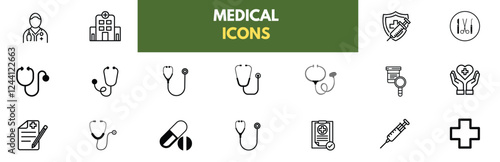 Healthcare set of web icons inline style. medical icon, Medicine, and Health Care linear icon collection. Containing emergency, doctor, treatment, medical, report, diagnosis, health, and prevention. 