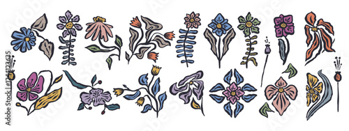 Set of colorful retro abstract inky flowers and leaves isolated on white. Sketchy textured loose floral doodles.